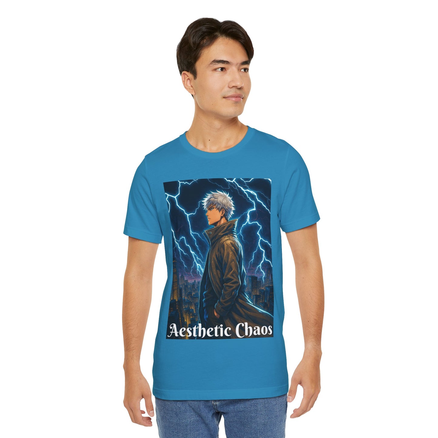 Aesthetic Chaos, Anime style man, blue lightening, roof top city view Unisex Jersey Short Sleeve Tee