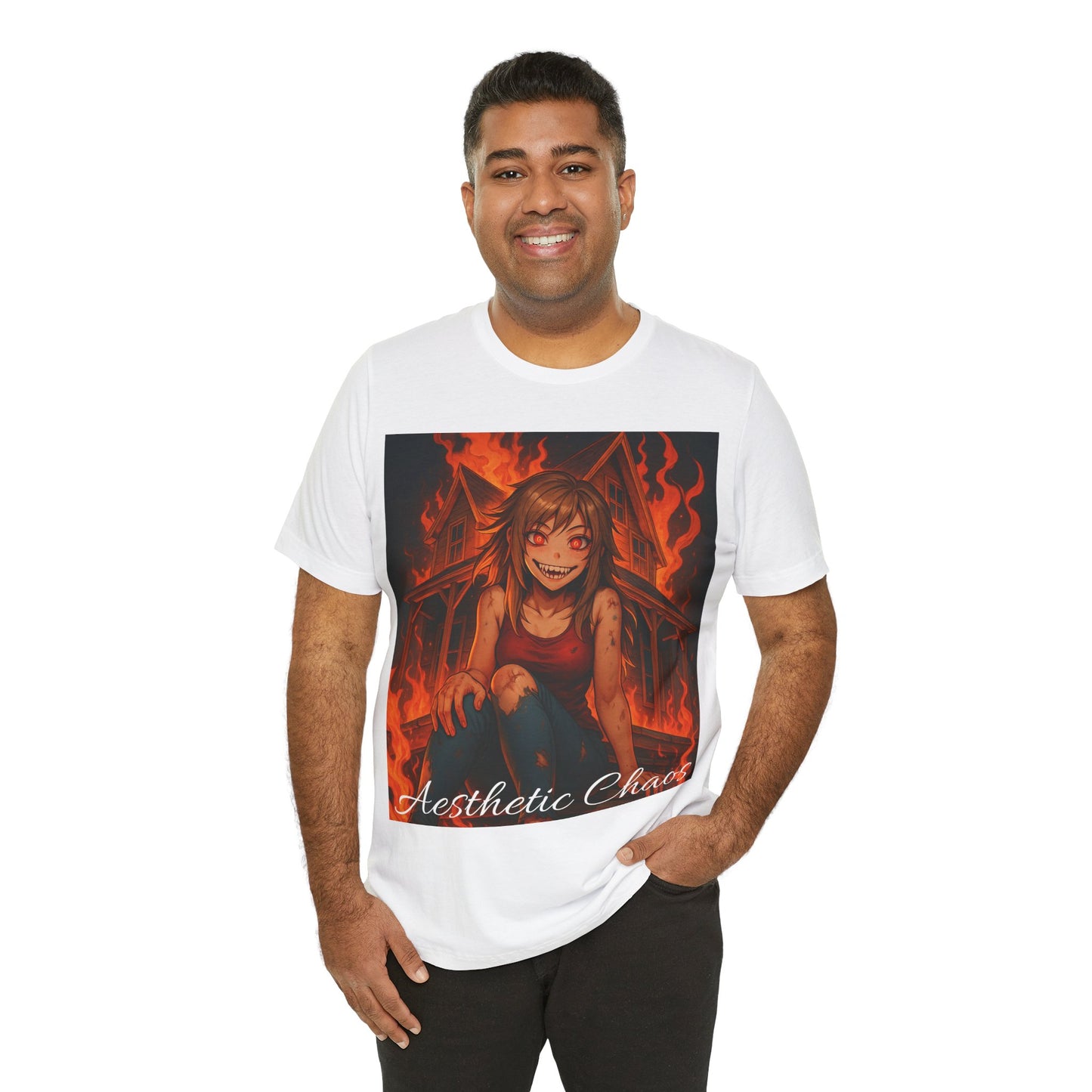 Aesthetic Chaos, insane girl, burning house down, anime style Unisex Jersey Short Sleeve Tee