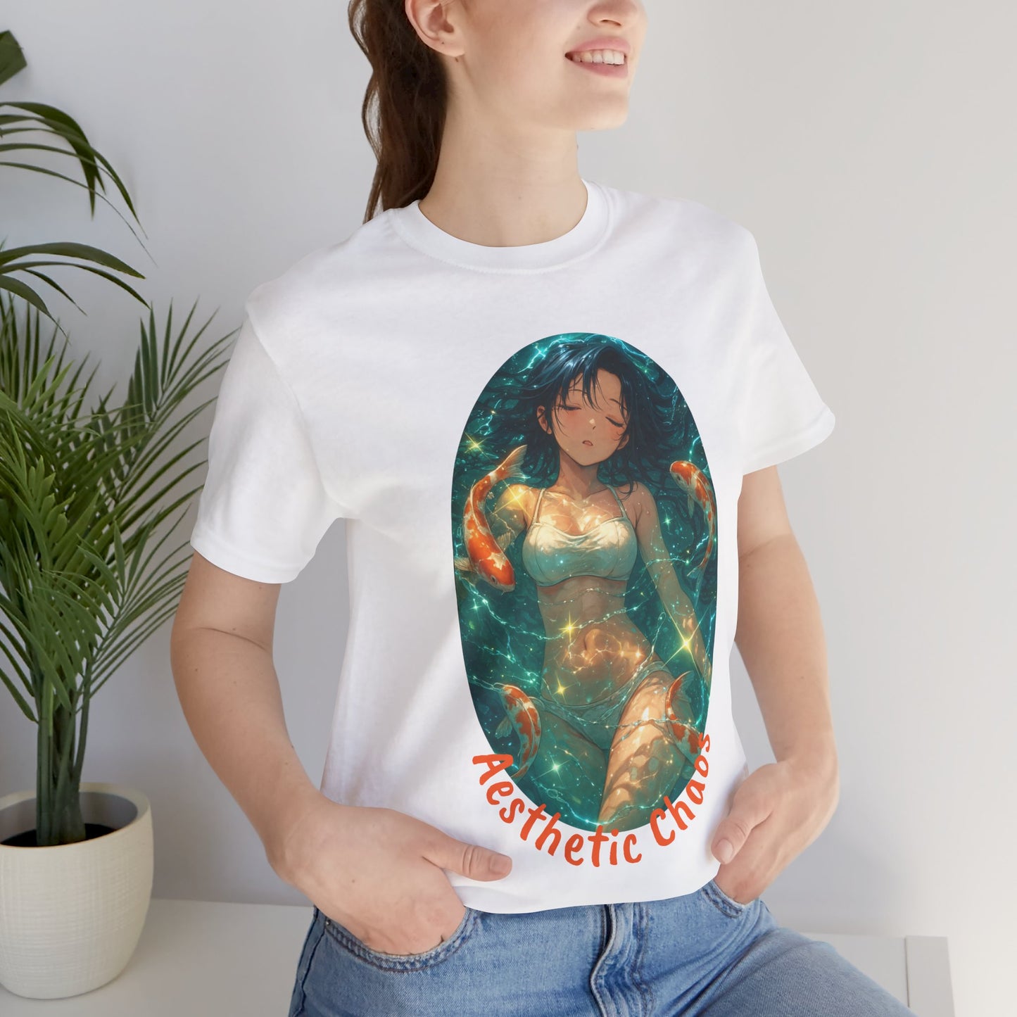 Aesthetic Chaos, Anime style woman, laying in water with coy fish Unisex Jersey Short Sleeve Tee