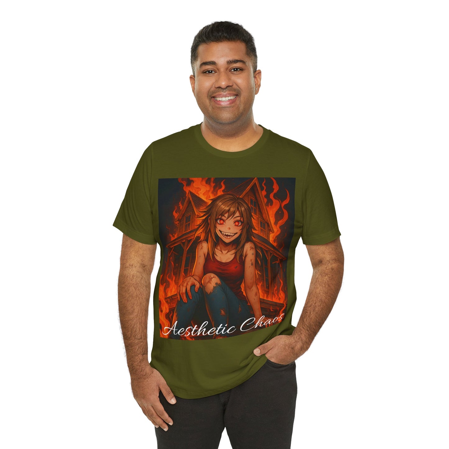 Aesthetic Chaos, insane girl, burning house down, anime style Unisex Jersey Short Sleeve Tee