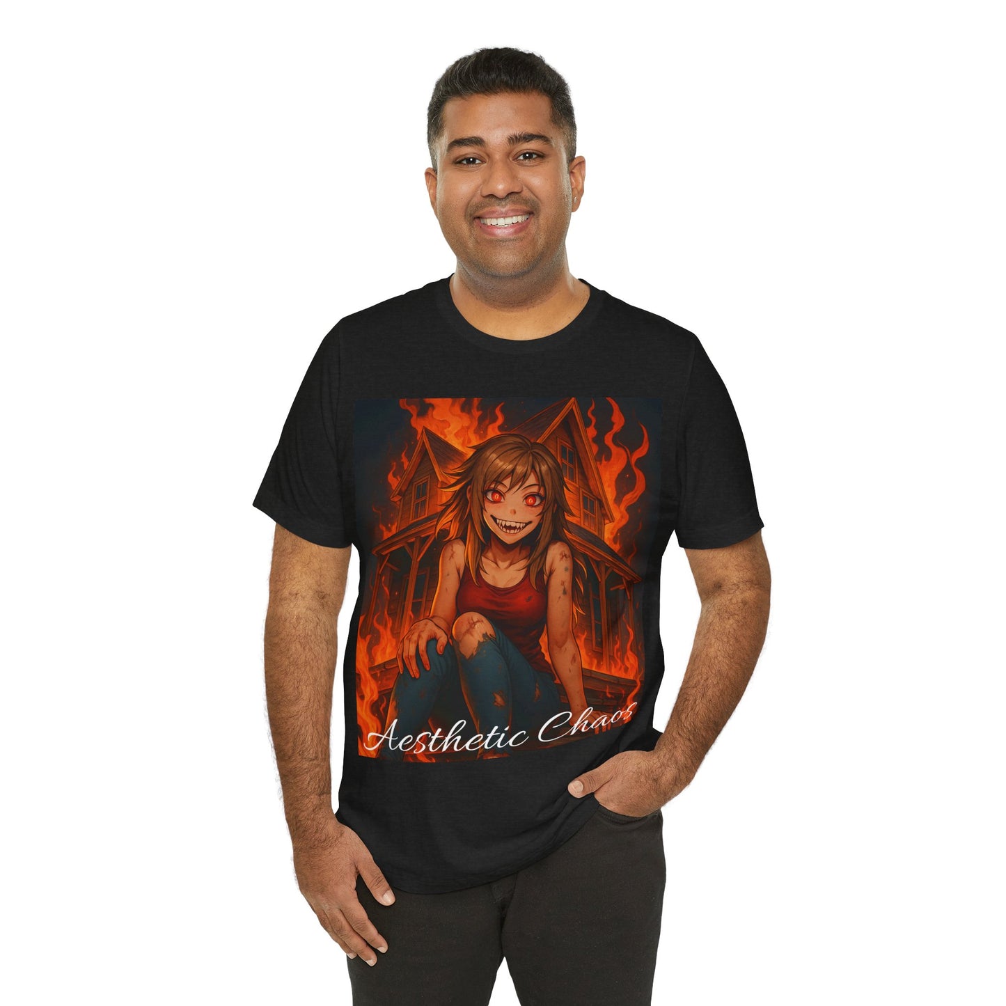 Aesthetic Chaos, insane girl, burning house down, anime style Unisex Jersey Short Sleeve Tee