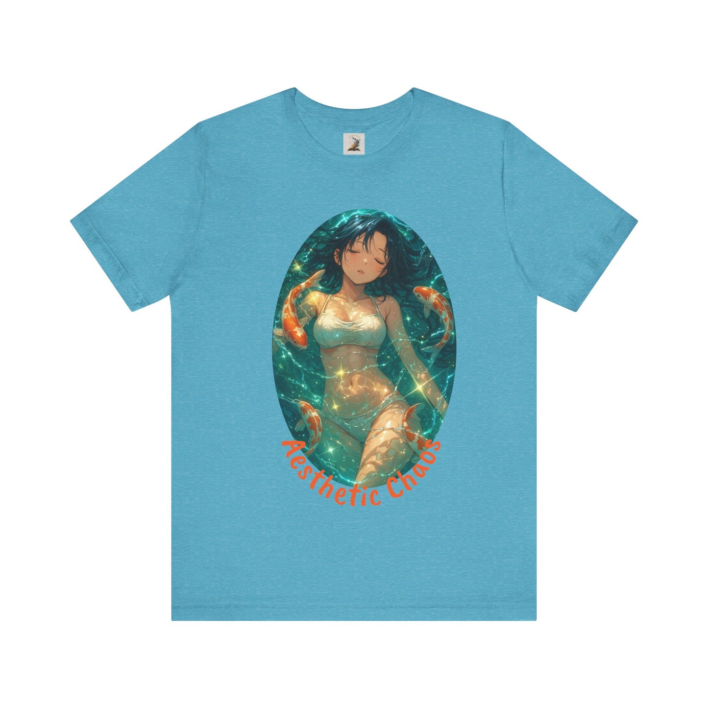 Aesthetic Chaos, Anime style woman, laying in water with coy fish Unisex Jersey Short Sleeve Tee