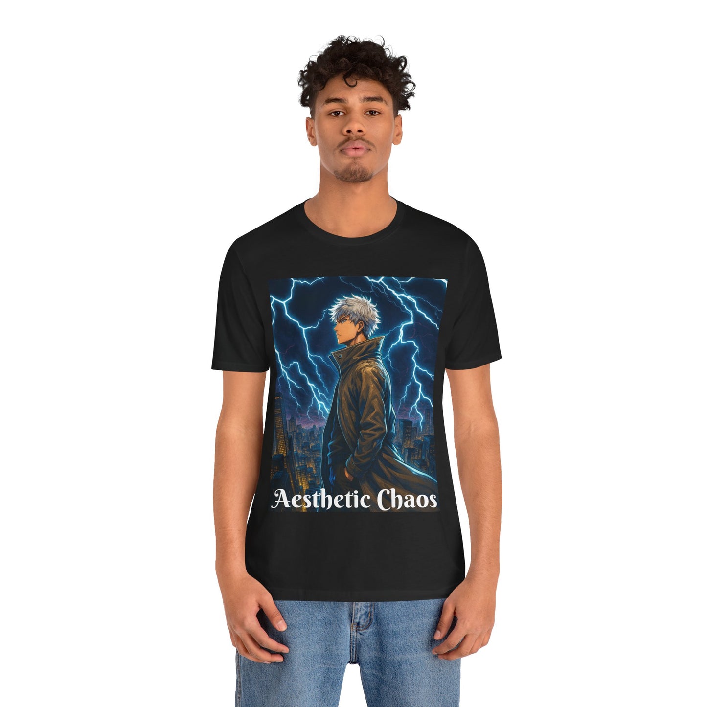 Aesthetic Chaos, Anime style man, blue lightening, roof top city view Unisex Jersey Short Sleeve Tee
