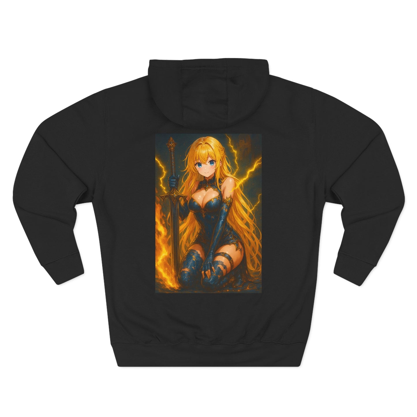 Aesthetic Chaos, blond anime woman with large sword Three-Panel Fleece Hoodie