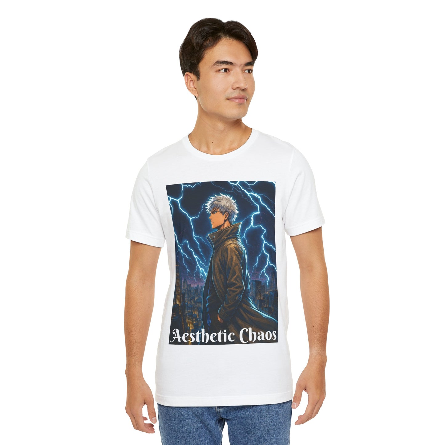 Aesthetic Chaos, Anime style man, blue lightening, roof top city view Unisex Jersey Short Sleeve Tee