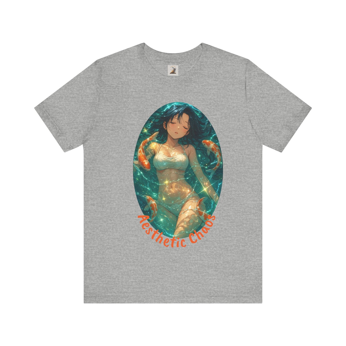 Aesthetic Chaos, Anime style woman, laying in water with coy fish Unisex Jersey Short Sleeve Tee