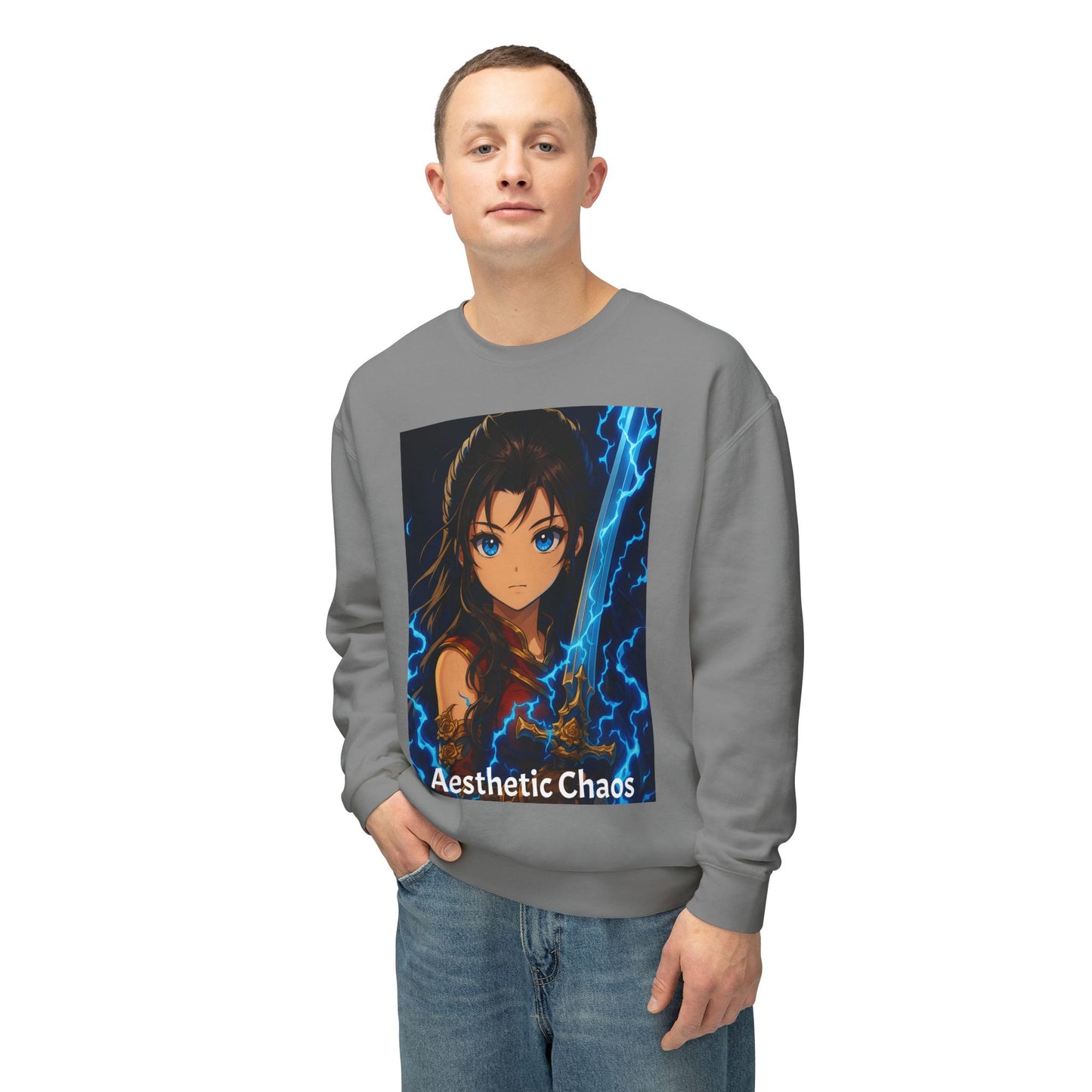Aesthetic Chaos, Anime woman with large sword and blue electricity, Unisex Lightweight Crewneck Sweatshirt