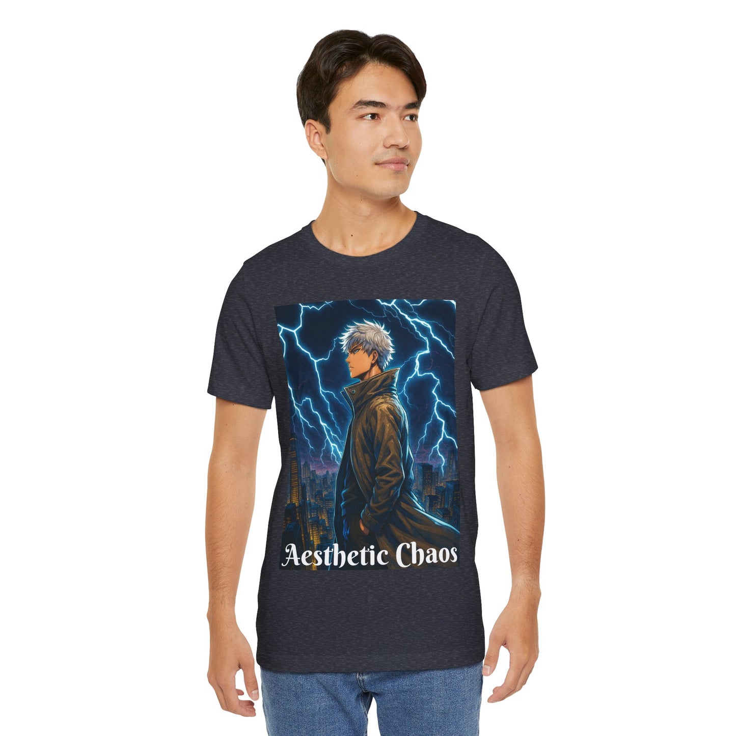 Aesthetic Chaos, Anime style man, blue lightening, roof top city view Unisex Jersey Short Sleeve Tee