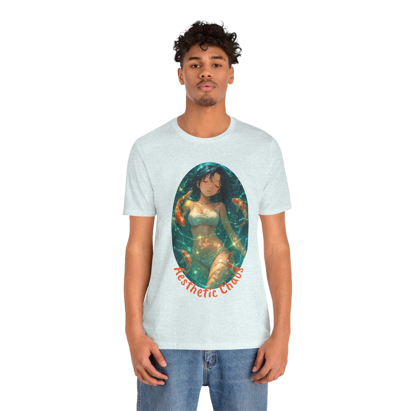 Aesthetic Chaos, Anime style woman, laying in water with coy fish Unisex Jersey Short Sleeve Tee