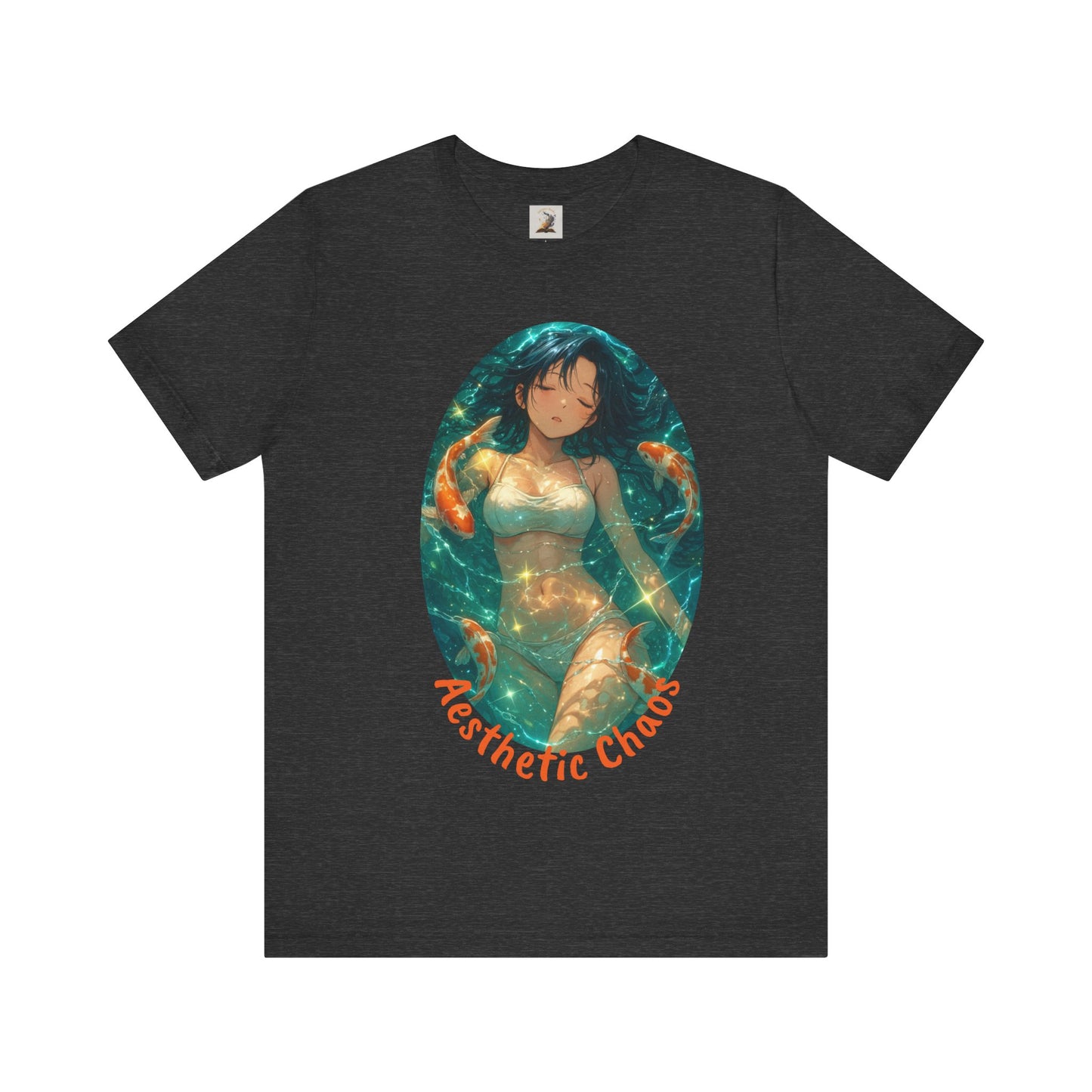 Aesthetic Chaos, Anime style woman, laying in water with coy fish Unisex Jersey Short Sleeve Tee