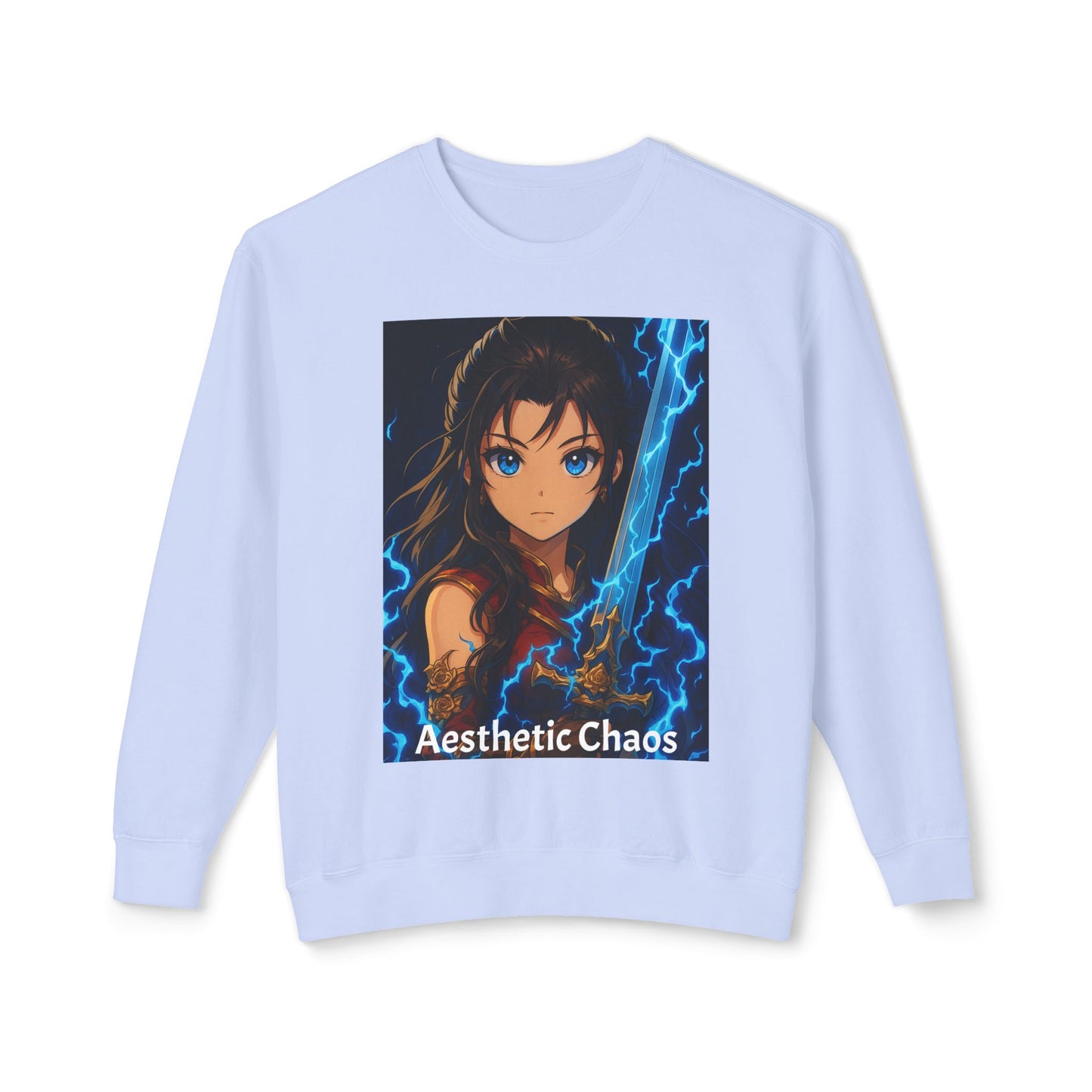 Aesthetic Chaos, Anime woman with large sword and blue electricity, Unisex Lightweight Crewneck Sweatshirt