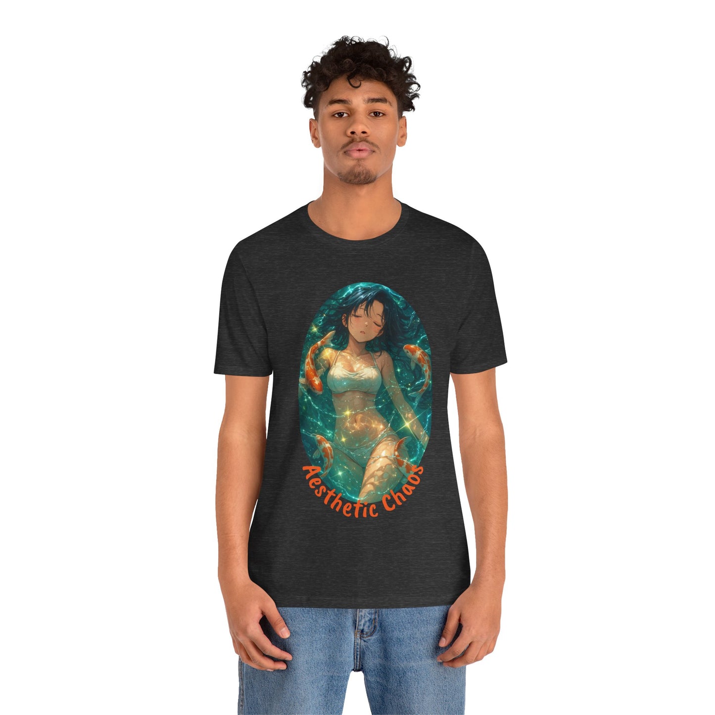 Aesthetic Chaos, Anime style woman, laying in water with coy fish Unisex Jersey Short Sleeve Tee