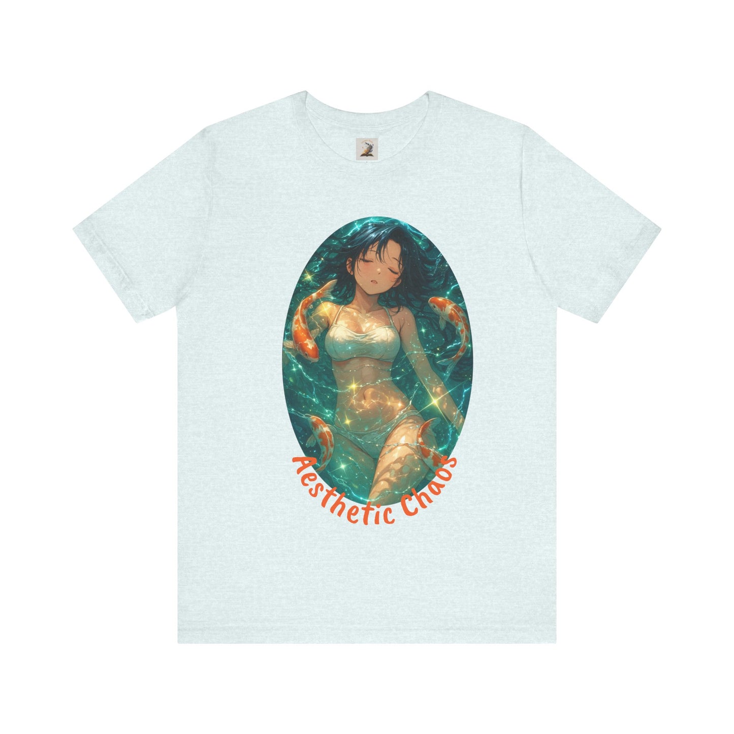 Aesthetic Chaos, Anime style woman, laying in water with coy fish Unisex Jersey Short Sleeve Tee