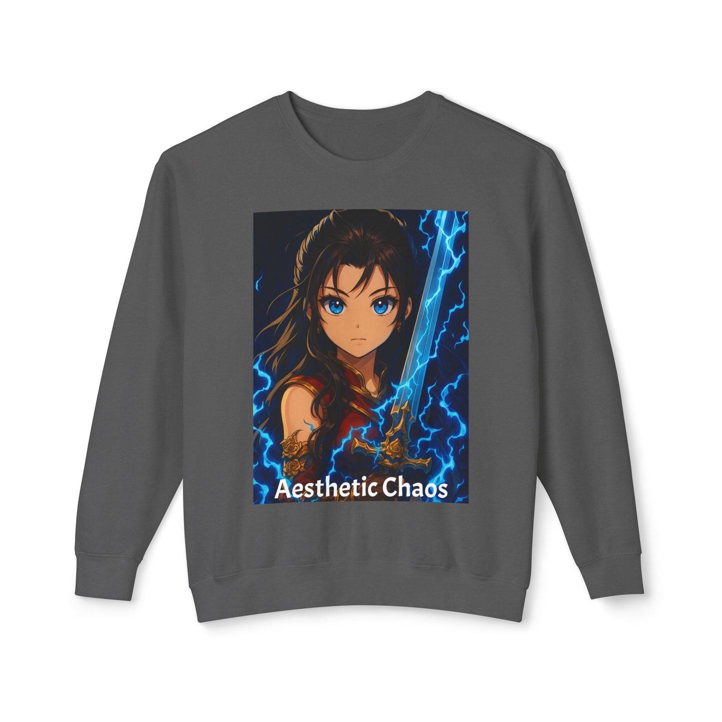 Aesthetic Chaos, Anime woman with large sword and blue electricity, Unisex Lightweight Crewneck Sweatshirt
