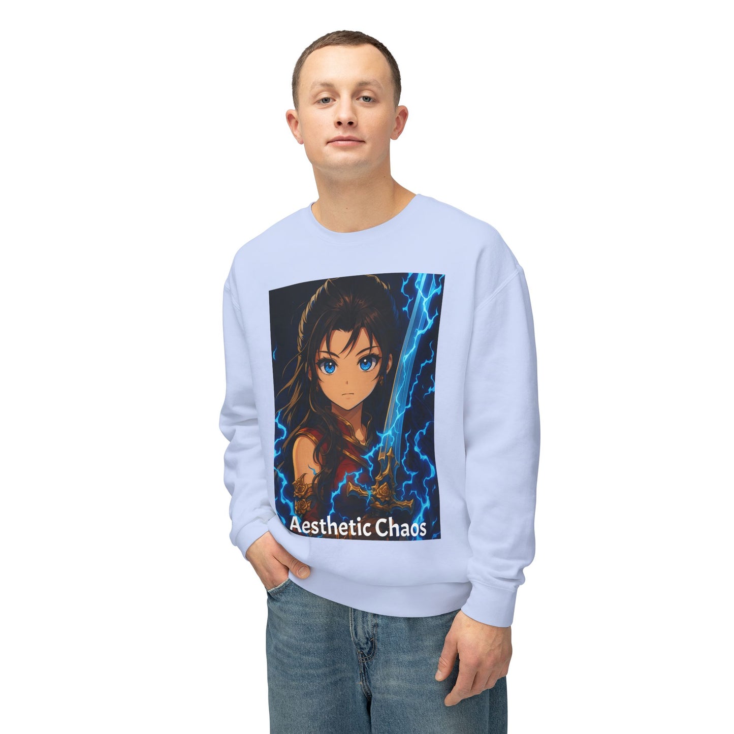 Aesthetic Chaos, Anime woman with large sword and blue electricity, Unisex Lightweight Crewneck Sweatshirt