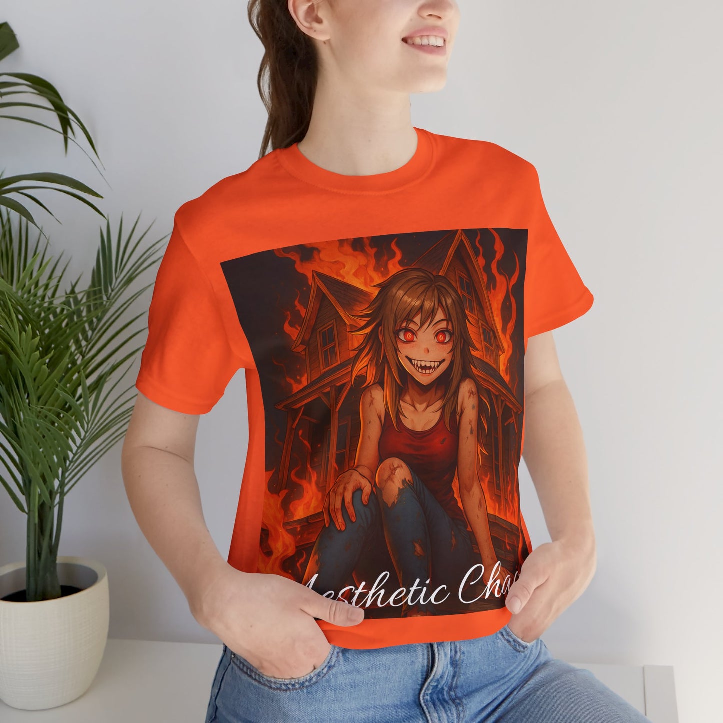 Aesthetic Chaos, insane girl, burning house down, anime style Unisex Jersey Short Sleeve Tee