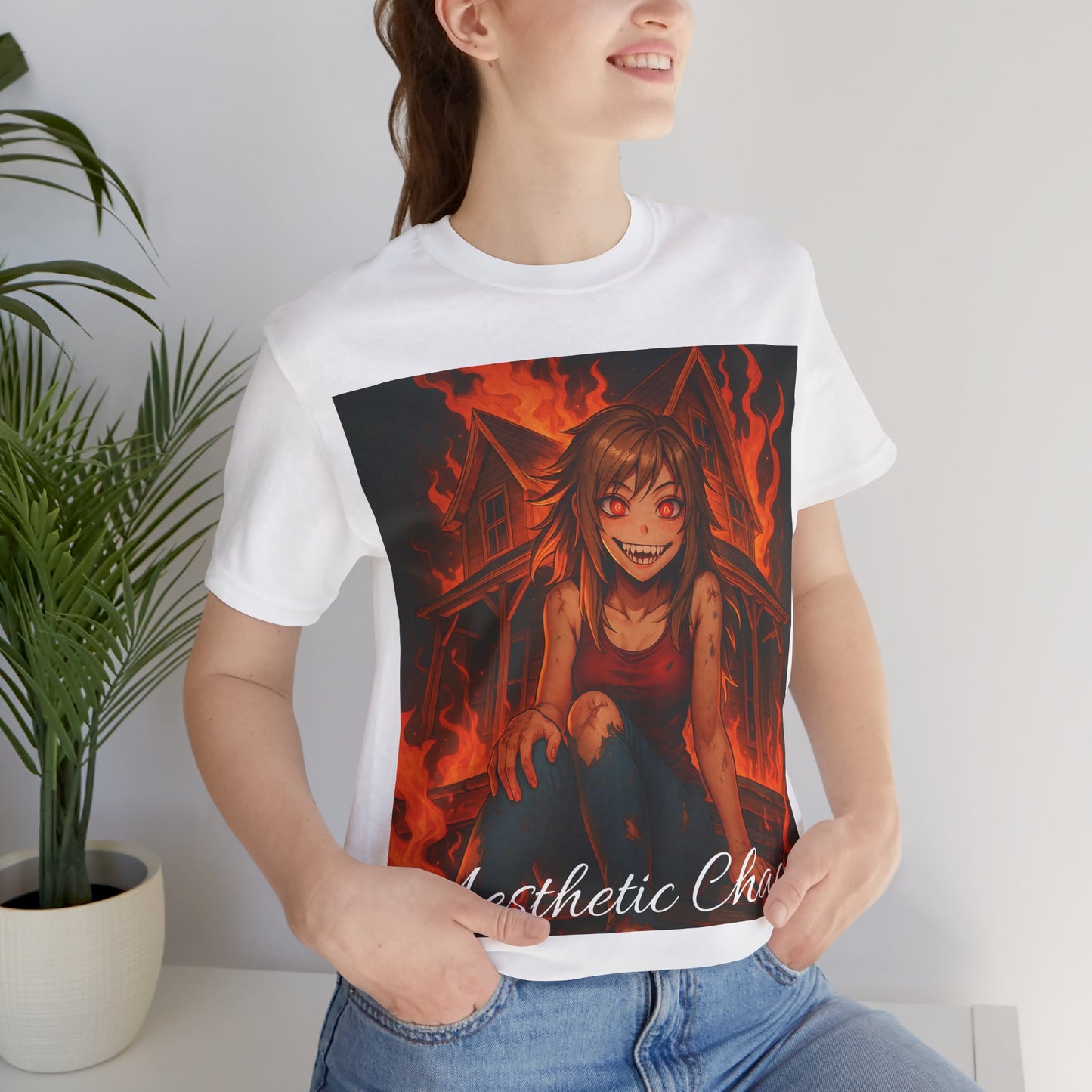 Aesthetic Chaos, insane girl, burning house down, anime style Unisex Jersey Short Sleeve Tee