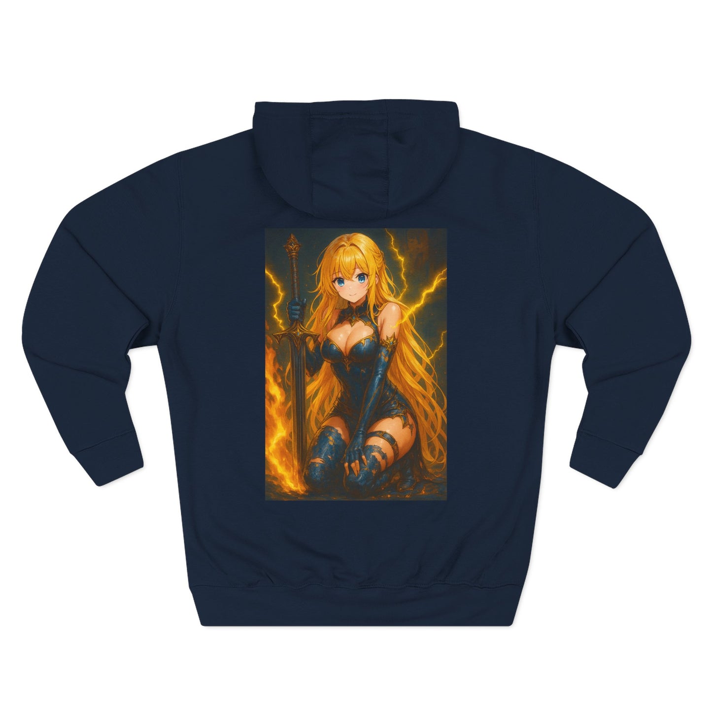 Aesthetic Chaos, blond anime woman with large sword Three-Panel Fleece Hoodie