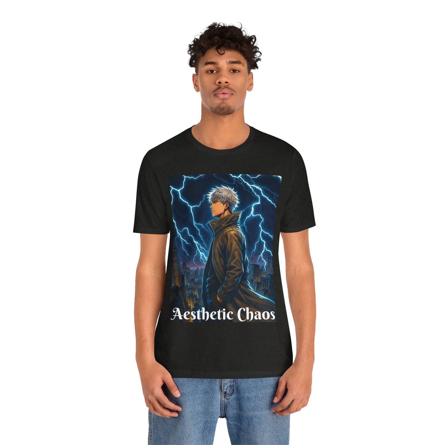 Aesthetic Chaos, Anime style man, blue lightening, roof top city view Unisex Jersey Short Sleeve Tee