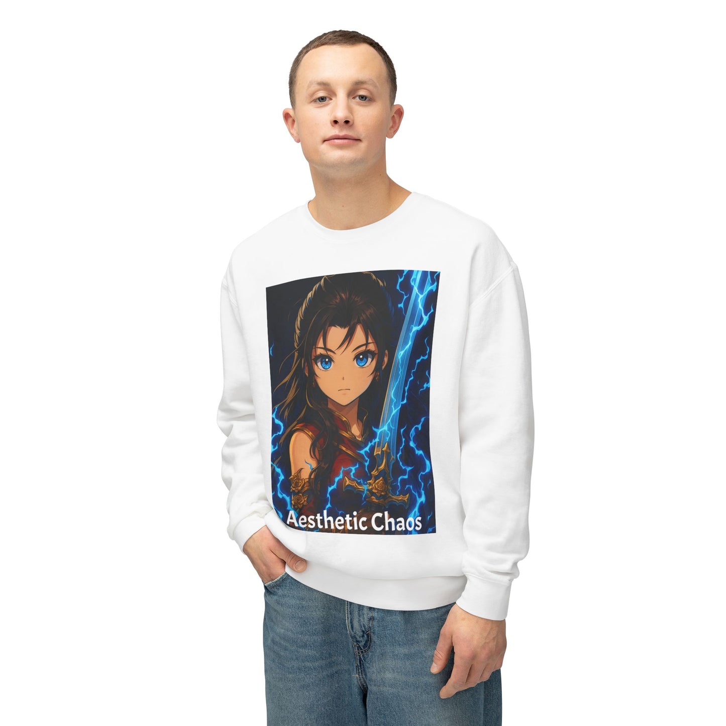 Aesthetic Chaos, Anime woman with large sword and blue electricity, Unisex Lightweight Crewneck Sweatshirt