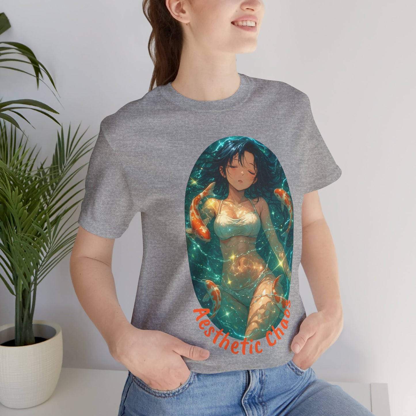 Aesthetic Chaos, Anime style woman, laying in water with coy fish Unisex Jersey Short Sleeve Tee