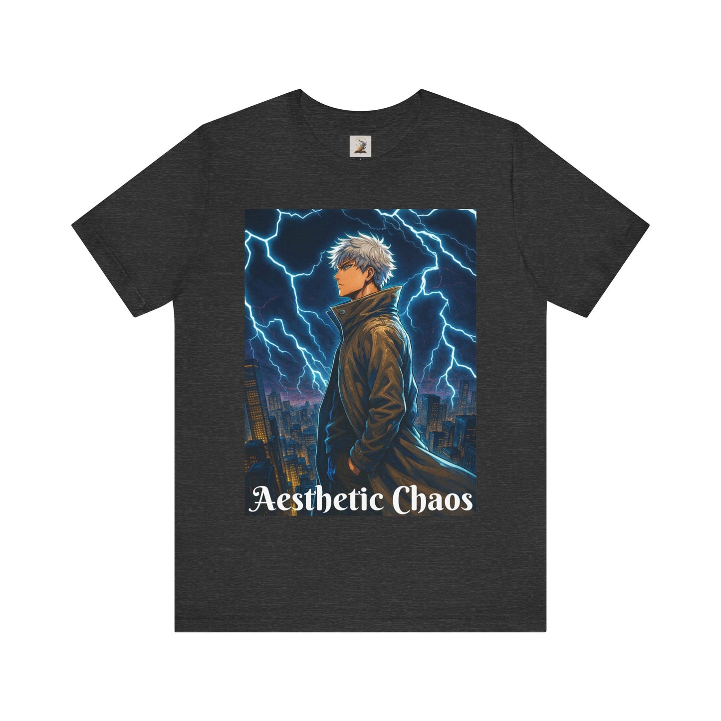 Aesthetic Chaos, Anime style man, blue lightening, roof top city view Unisex Jersey Short Sleeve Tee