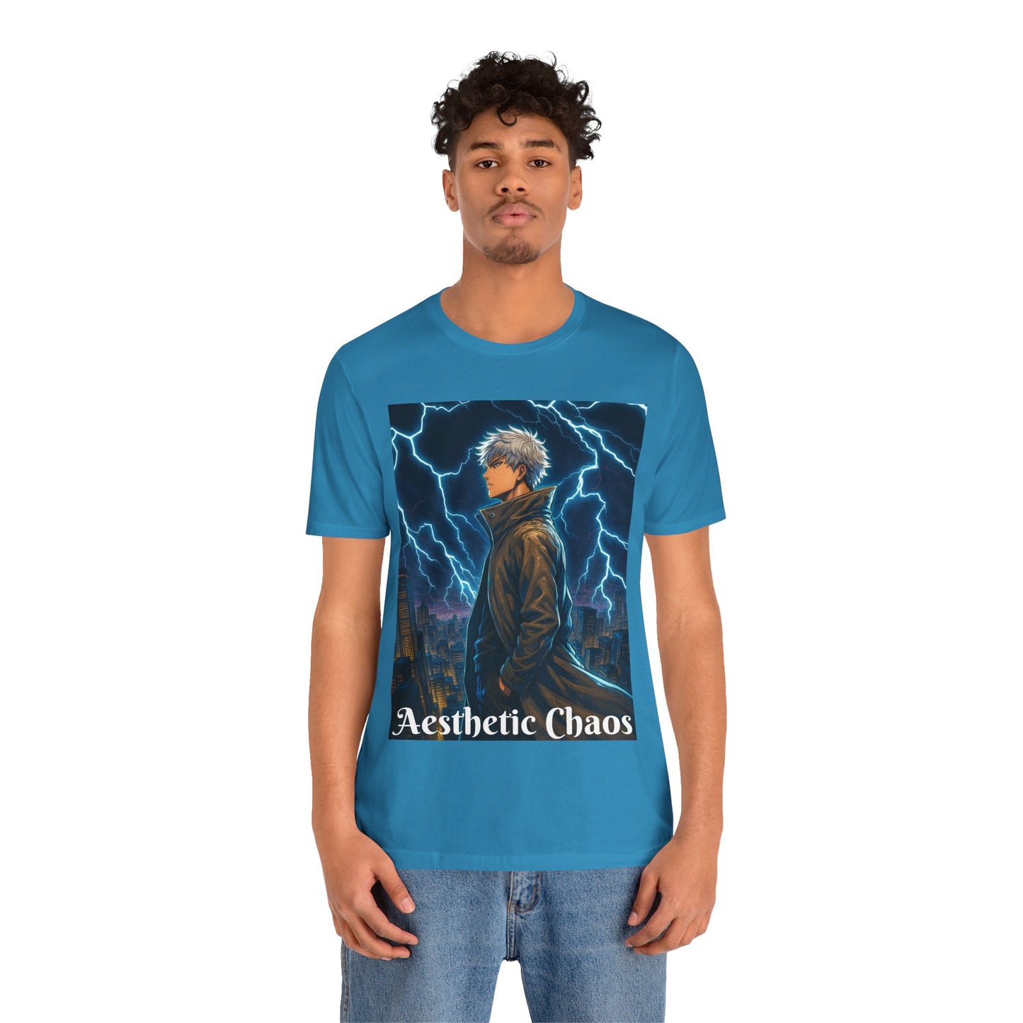 Aesthetic Chaos, Anime style man, blue lightening, roof top city view Unisex Jersey Short Sleeve Tee