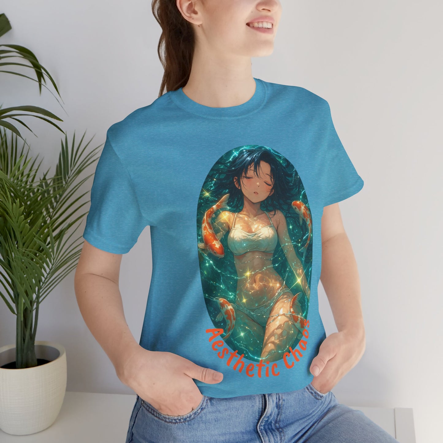 Aesthetic Chaos, Anime style woman, laying in water with coy fish Unisex Jersey Short Sleeve Tee