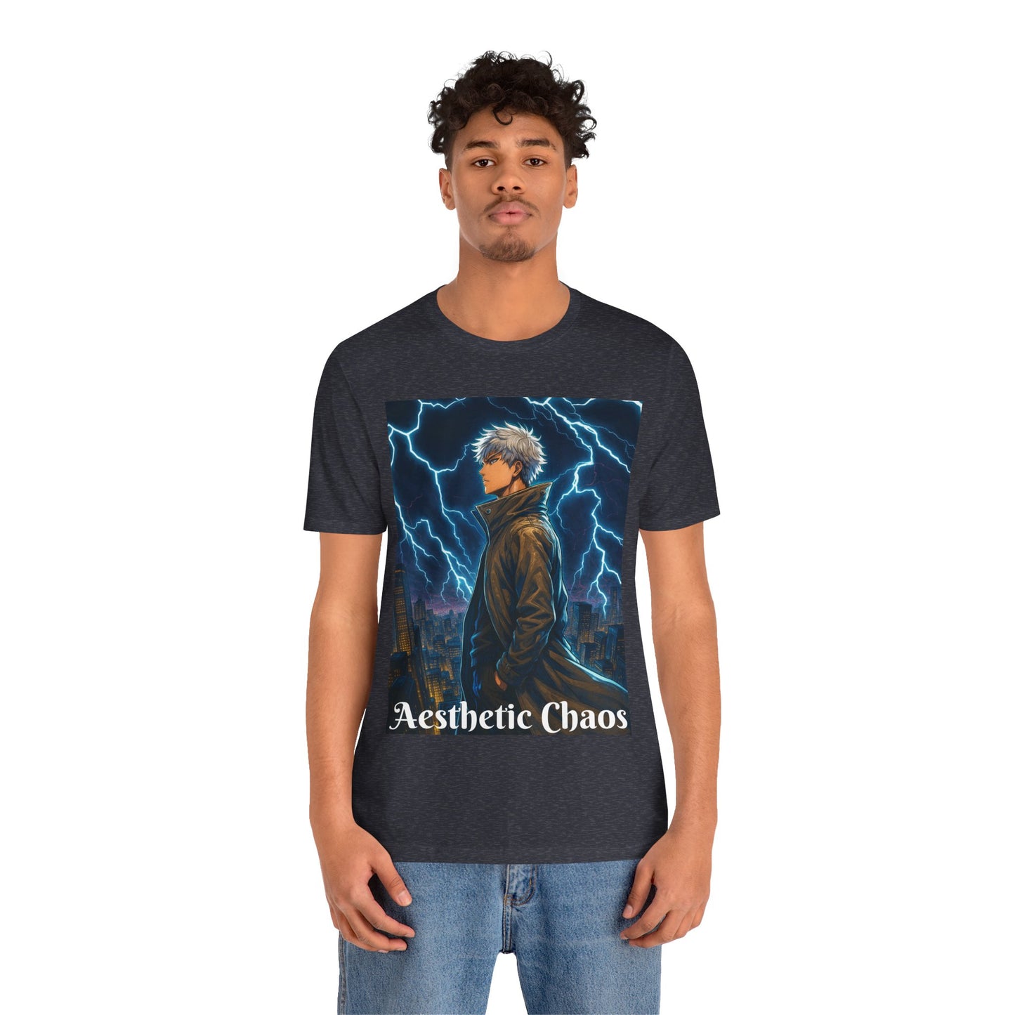 Aesthetic Chaos, Anime style man, blue lightening, roof top city view Unisex Jersey Short Sleeve Tee