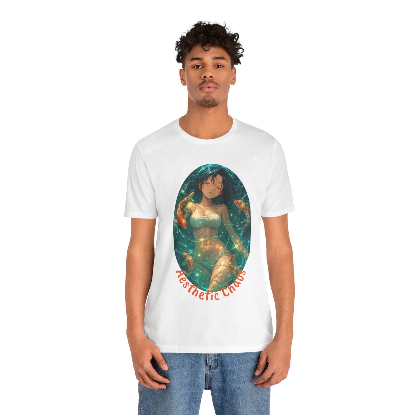 Aesthetic Chaos, Anime style woman, laying in water with coy fish Unisex Jersey Short Sleeve Tee