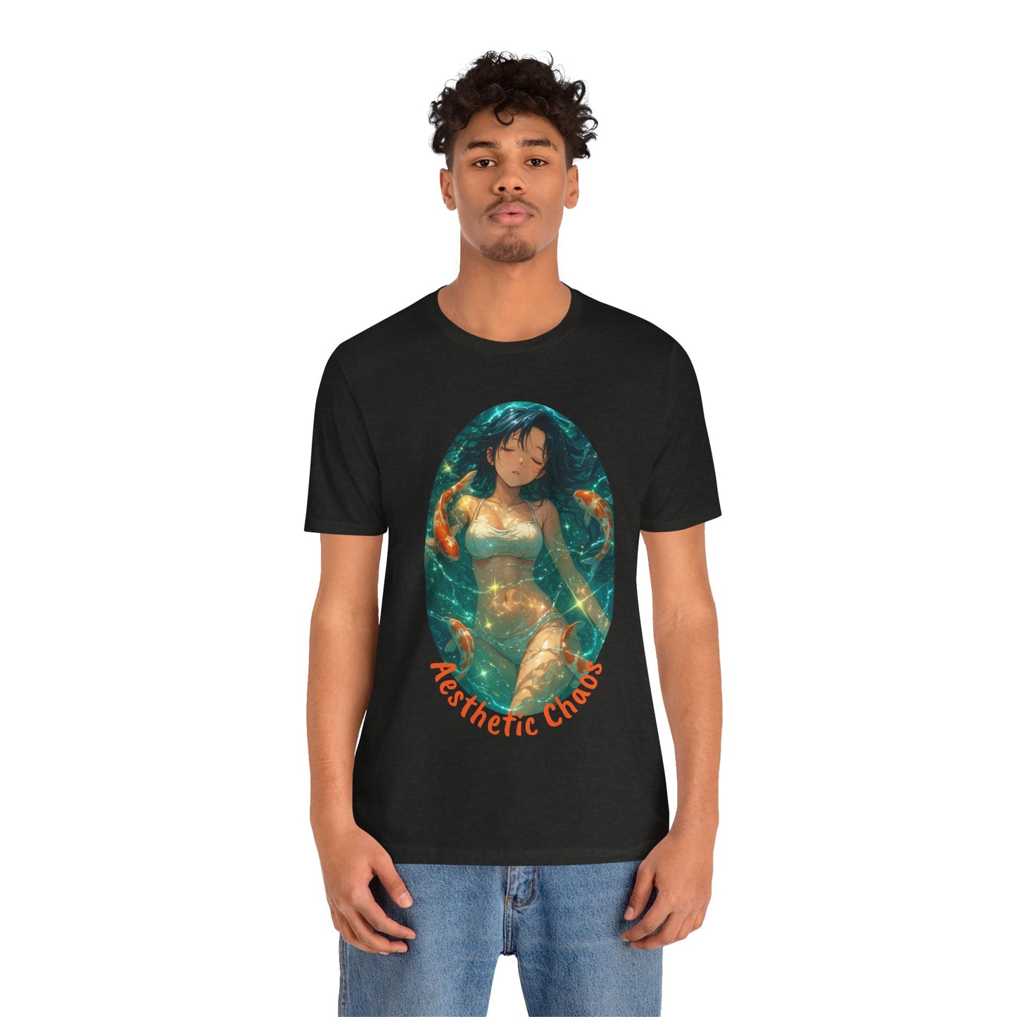 Aesthetic Chaos, Anime style woman, laying in water with coy fish Unisex Jersey Short Sleeve Tee
