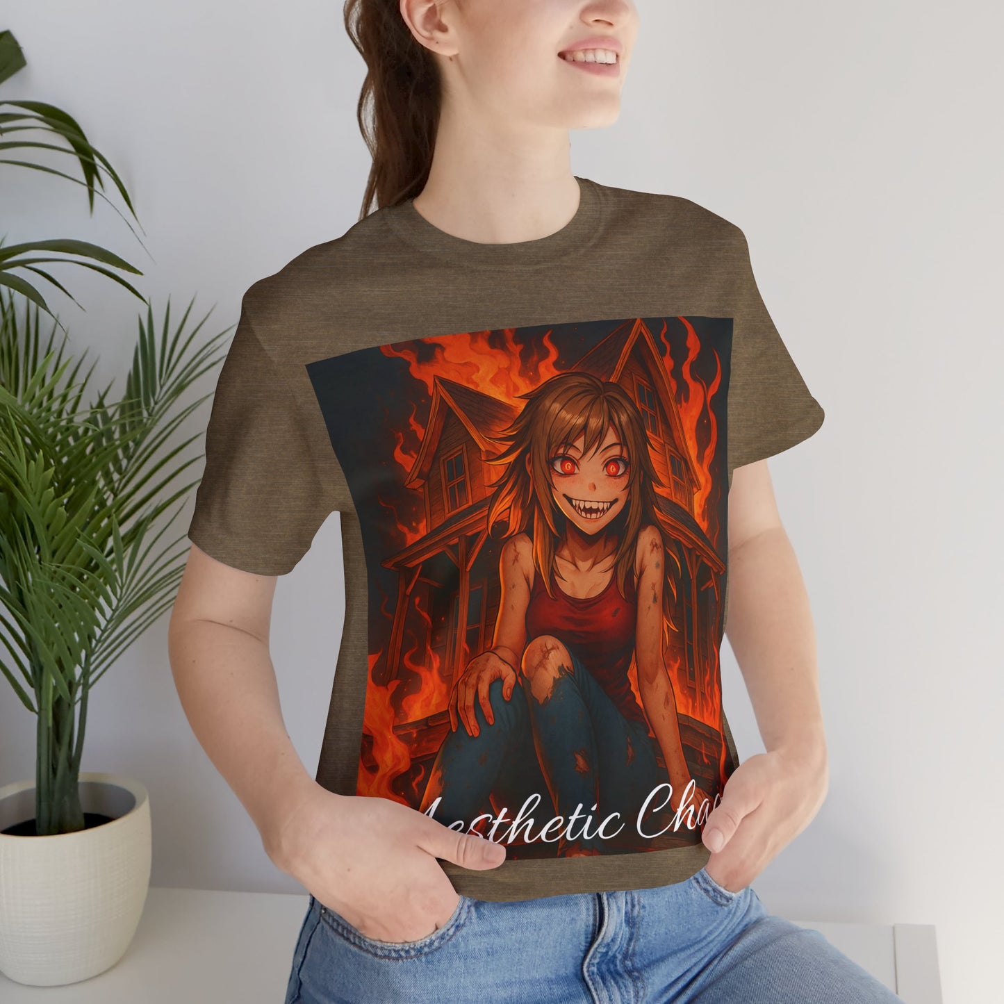 Aesthetic Chaos, insane girl, burning house down, anime style Unisex Jersey Short Sleeve Tee