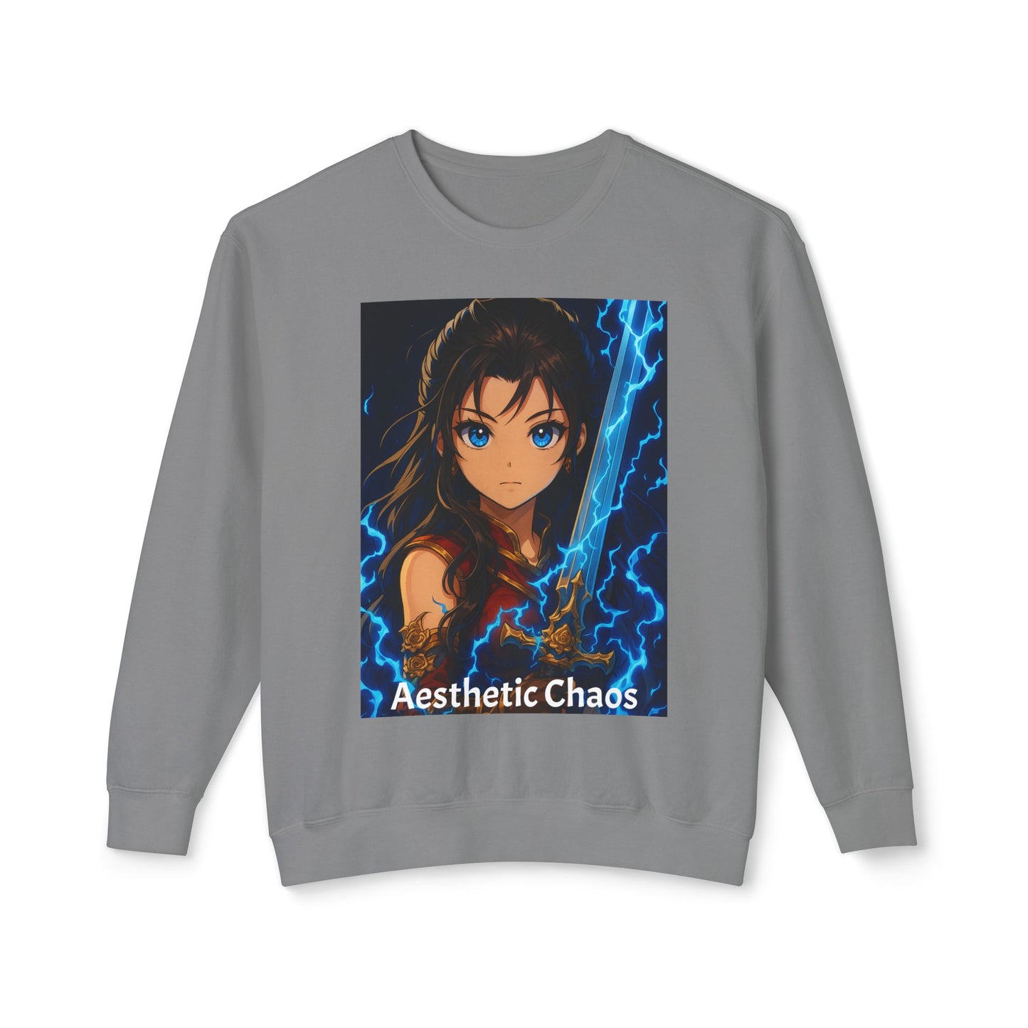 Aesthetic Chaos, Anime woman with large sword and blue electricity, Unisex Lightweight Crewneck Sweatshirt
