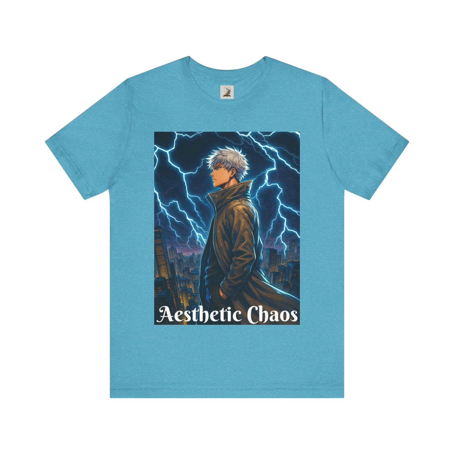 Aesthetic Chaos, Anime style man, blue lightening, roof top city view Unisex Jersey Short Sleeve Tee