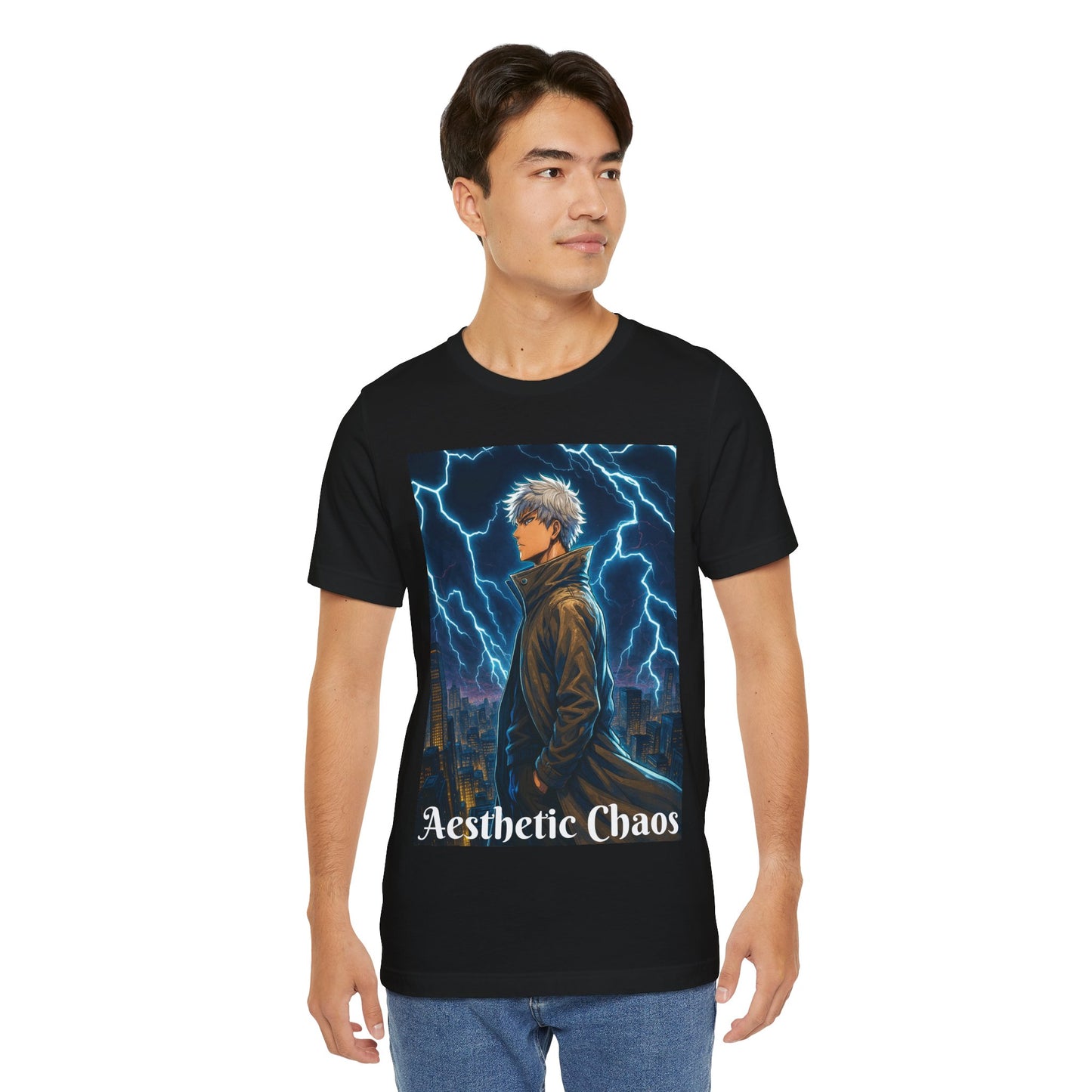 Aesthetic Chaos, Anime style man, blue lightening, roof top city view Unisex Jersey Short Sleeve Tee