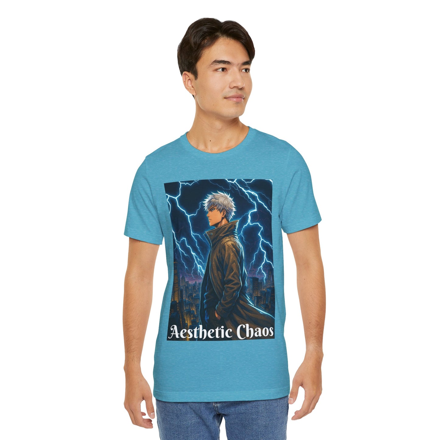 Aesthetic Chaos, Anime style man, blue lightening, roof top city view Unisex Jersey Short Sleeve Tee
