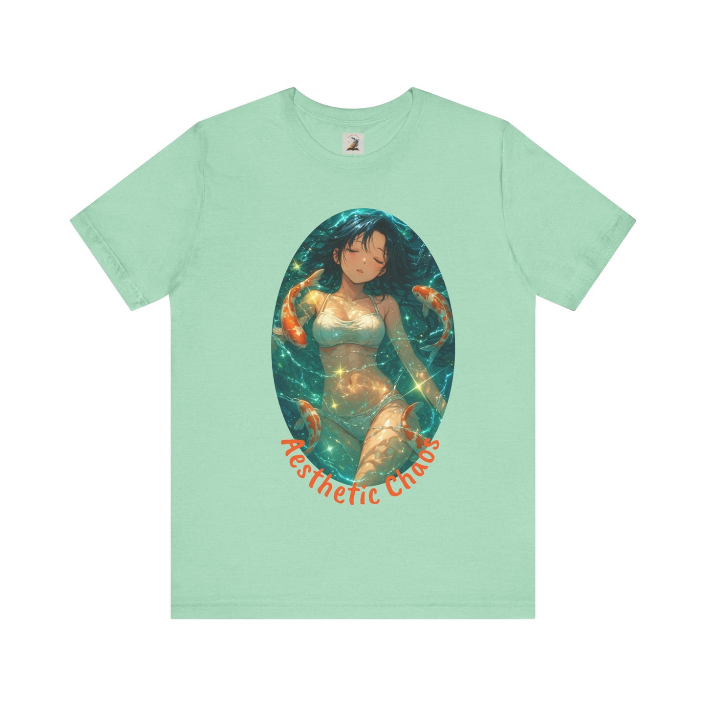 Aesthetic Chaos, Anime style woman, laying in water with coy fish Unisex Jersey Short Sleeve Tee