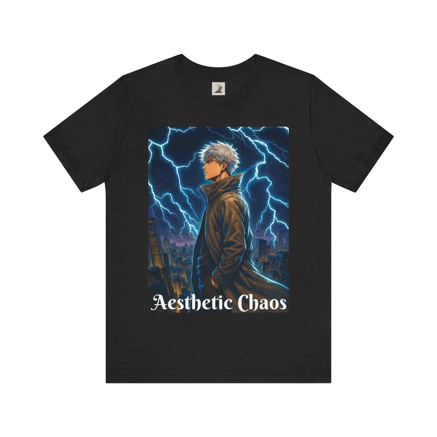 Aesthetic Chaos, Anime style man, blue lightening, roof top city view Unisex Jersey Short Sleeve Tee