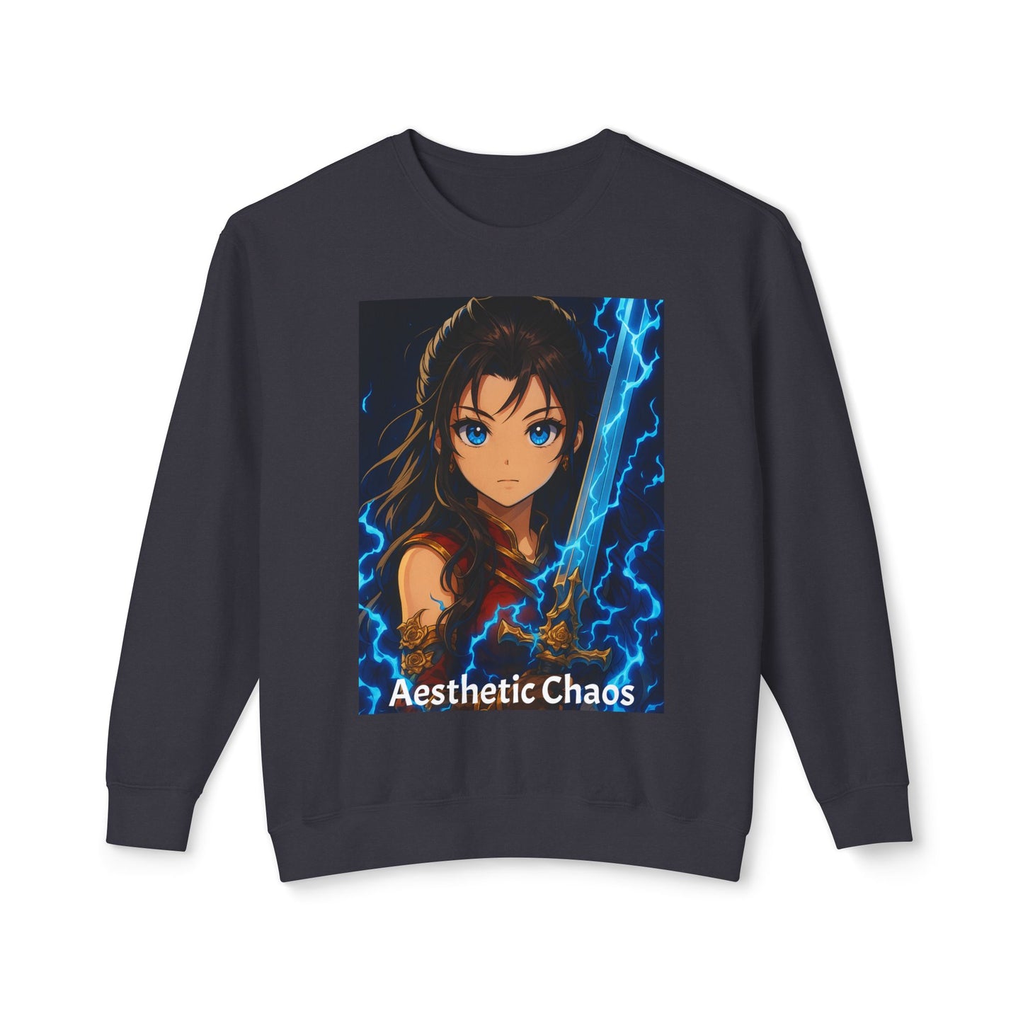 Aesthetic Chaos, Anime woman with large sword and blue electricity, Unisex Lightweight Crewneck Sweatshirt