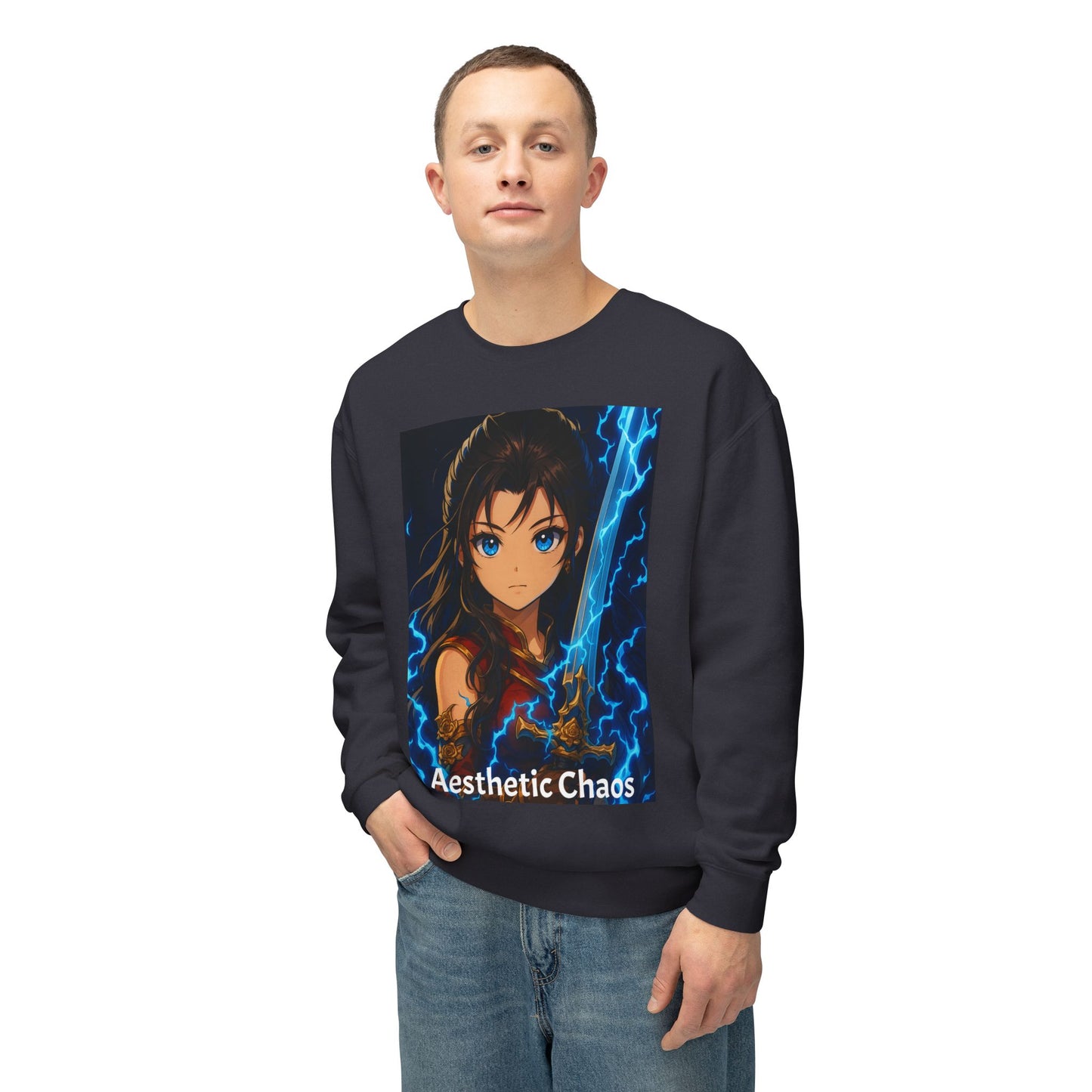 Aesthetic Chaos, Anime woman with large sword and blue electricity, Unisex Lightweight Crewneck Sweatshirt