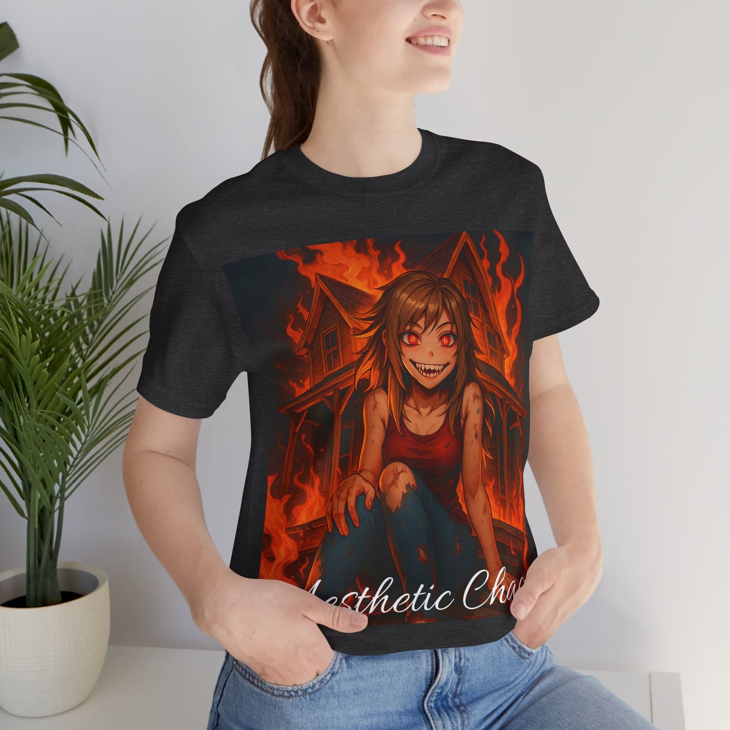 Aesthetic Chaos, insane girl, burning house down, anime style Unisex Jersey Short Sleeve Tee