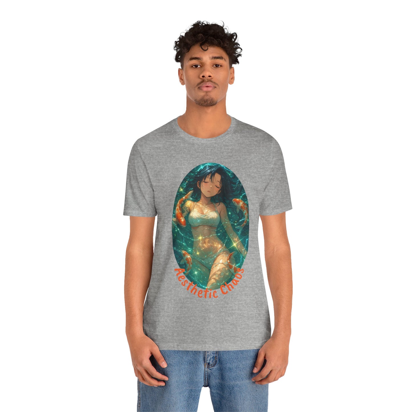 Aesthetic Chaos, Anime style woman, laying in water with coy fish Unisex Jersey Short Sleeve Tee