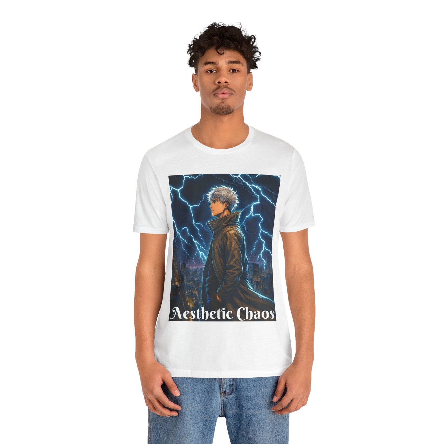 Aesthetic Chaos, Anime style man, blue lightening, roof top city view Unisex Jersey Short Sleeve Tee