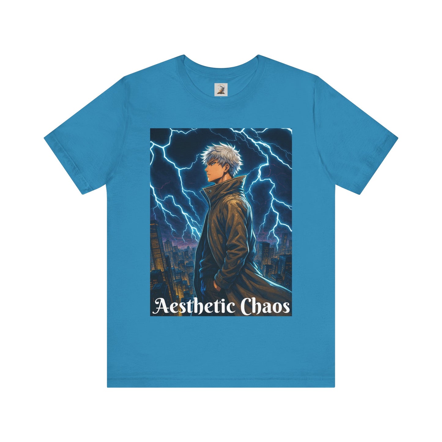 Aesthetic Chaos, Anime style man, blue lightening, roof top city view Unisex Jersey Short Sleeve Tee