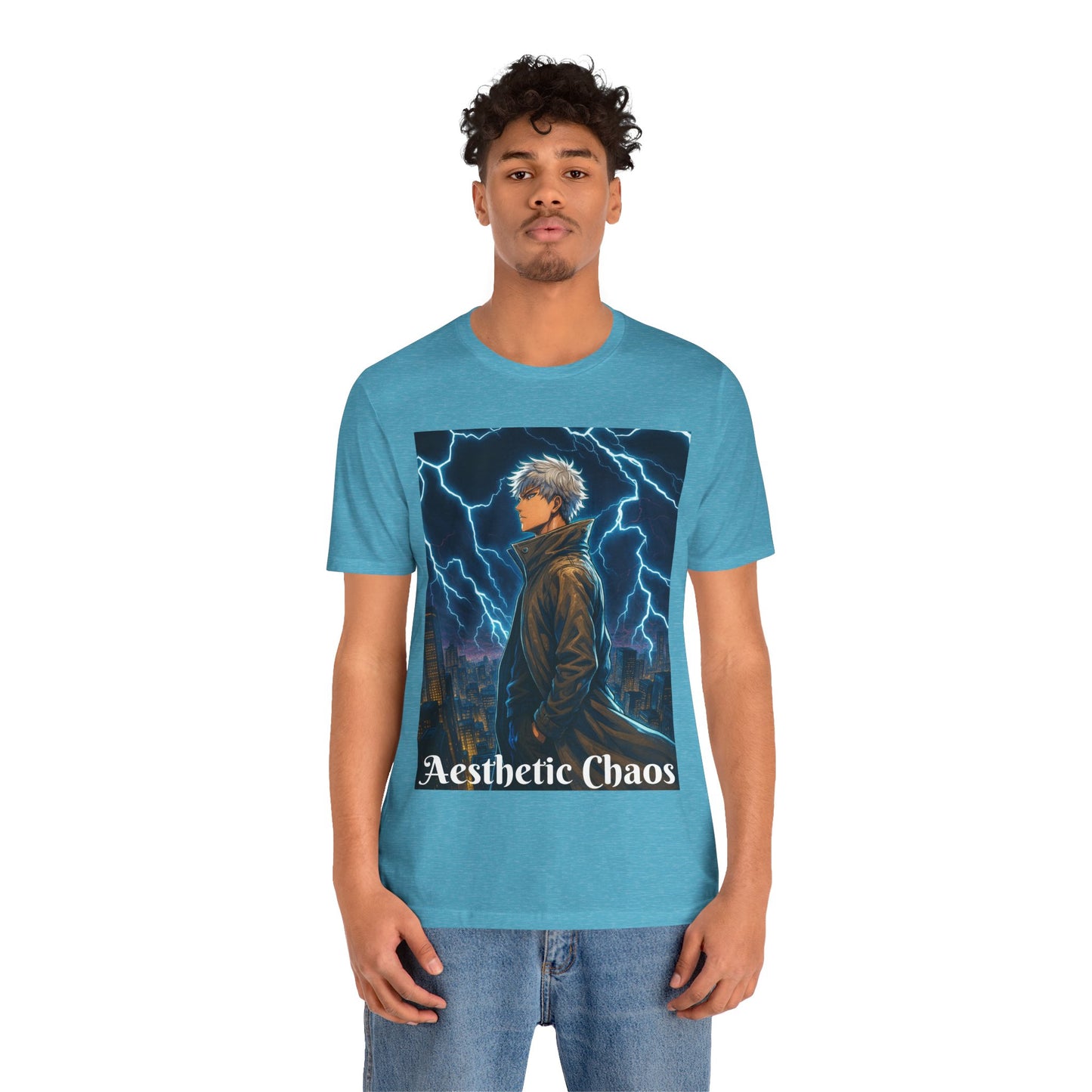 Aesthetic Chaos, Anime style man, blue lightening, roof top city view Unisex Jersey Short Sleeve Tee