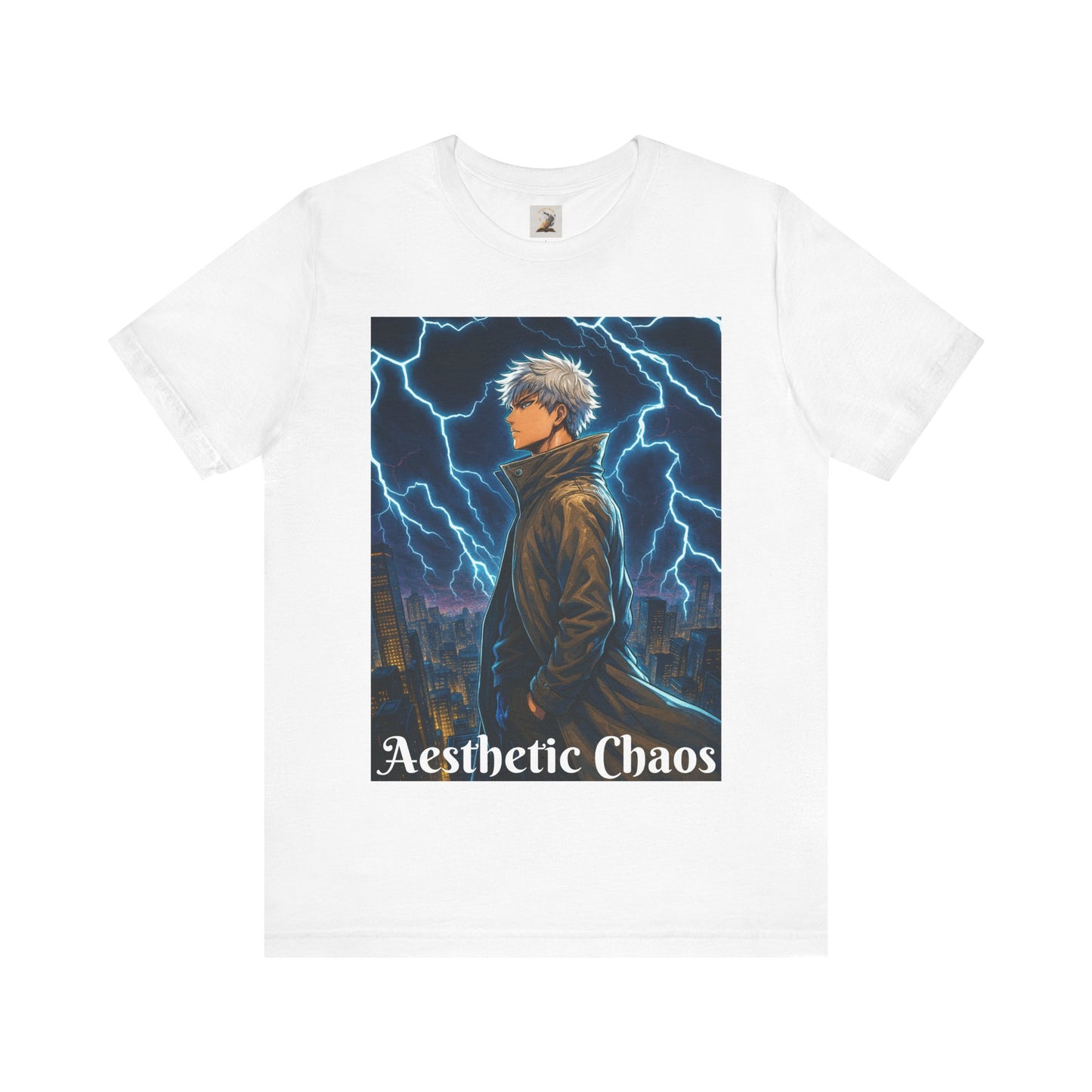 Aesthetic Chaos, Anime style man, blue lightening, roof top city view Unisex Jersey Short Sleeve Tee