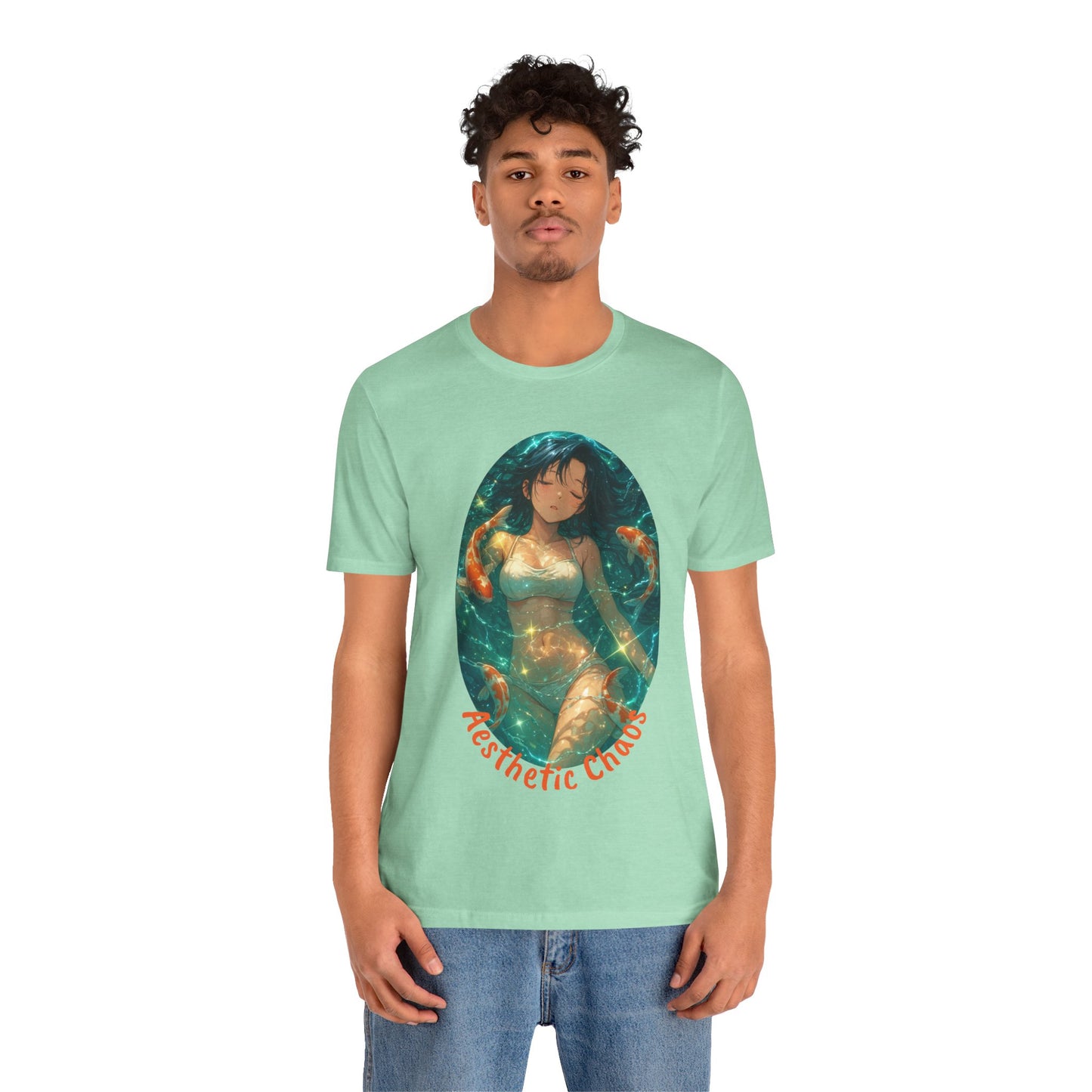 Aesthetic Chaos, Anime style woman, laying in water with coy fish Unisex Jersey Short Sleeve Tee