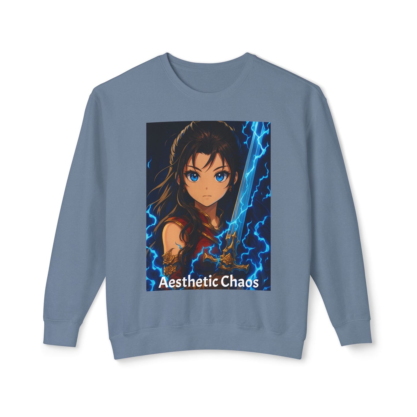 Aesthetic Chaos, Anime woman with large sword and blue electricity, Unisex Lightweight Crewneck Sweatshirt