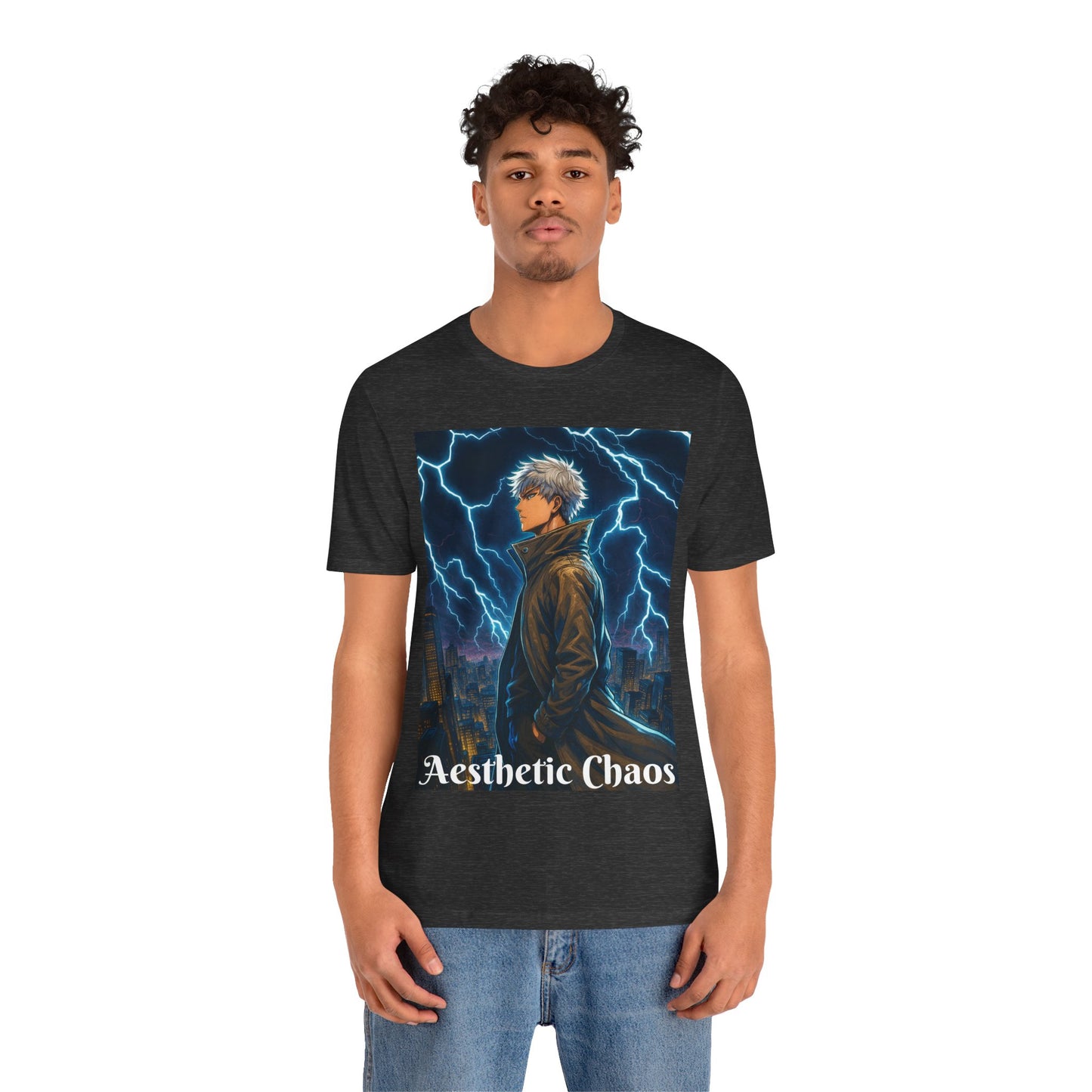 Aesthetic Chaos, Anime style man, blue lightening, roof top city view Unisex Jersey Short Sleeve Tee