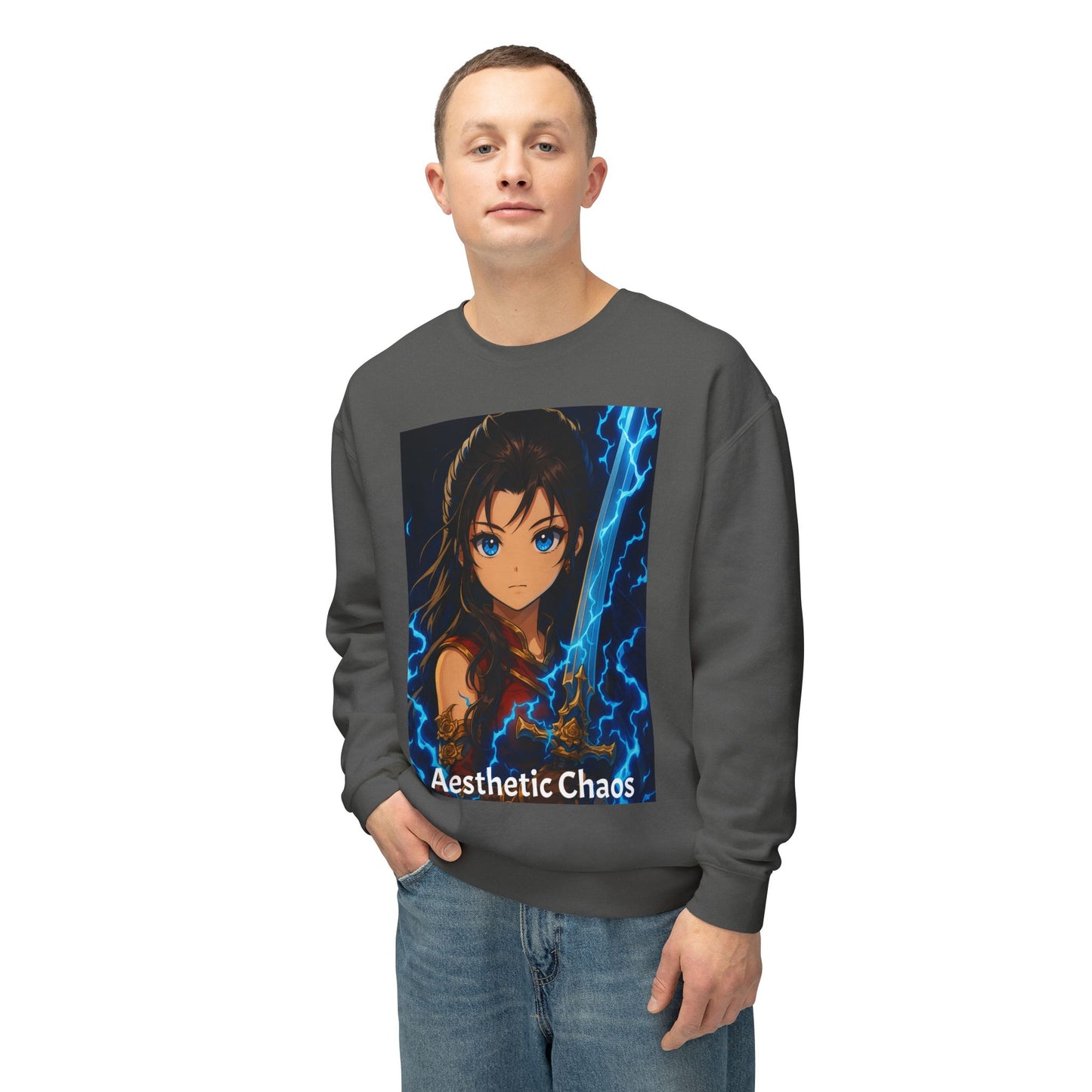 Aesthetic Chaos, Anime woman with large sword and blue electricity, Unisex Lightweight Crewneck Sweatshirt